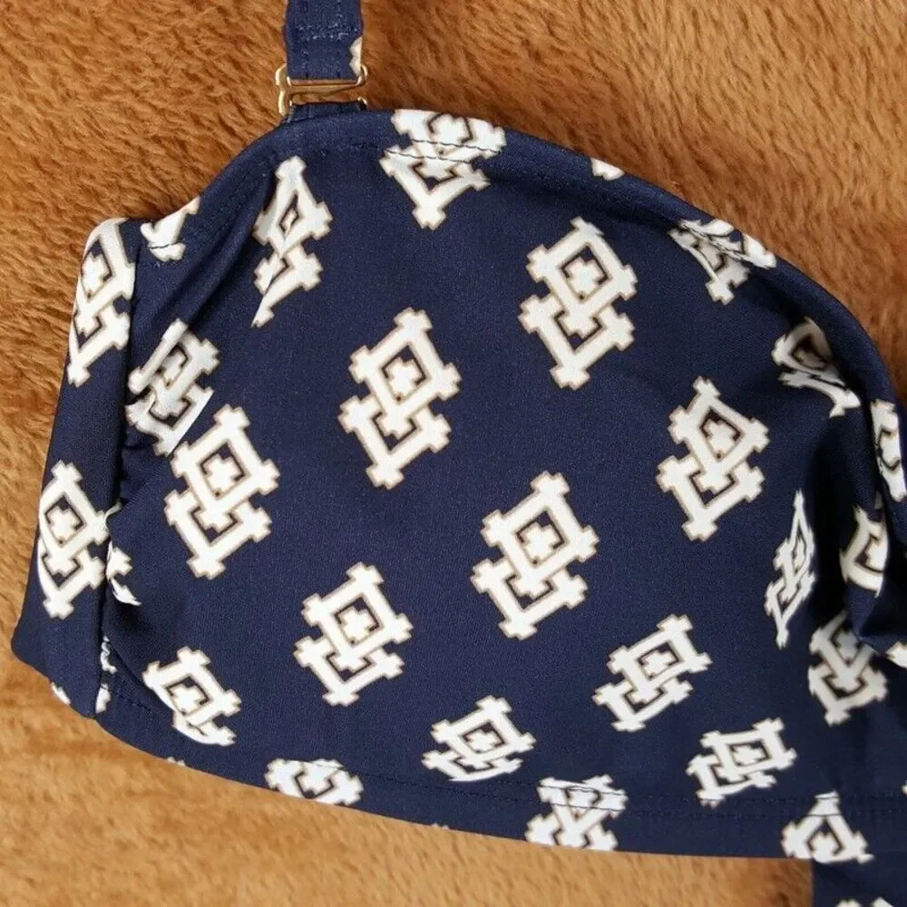 TORY BURCH Womens Swimwear Small Navy Bandeau Halter Bikini Top Logo Monogram